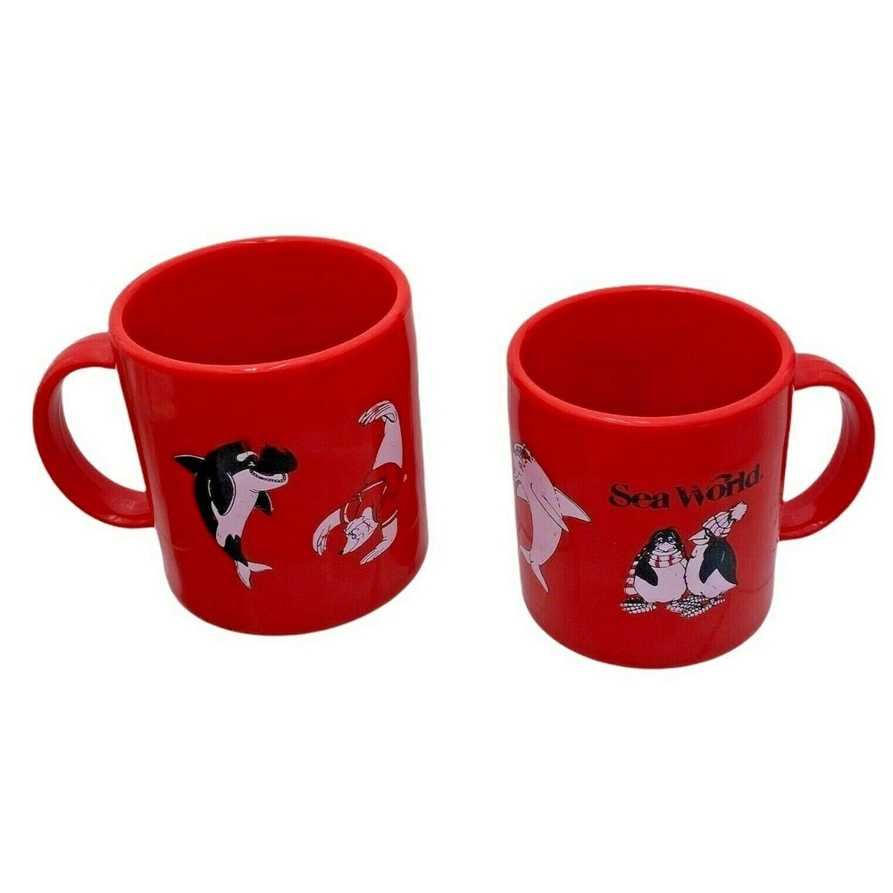 Vintage Sea World Mug Shamu Orca Penguin Sea Lion Logo Red Plastic Kid's Cup - Picture 7 of 8